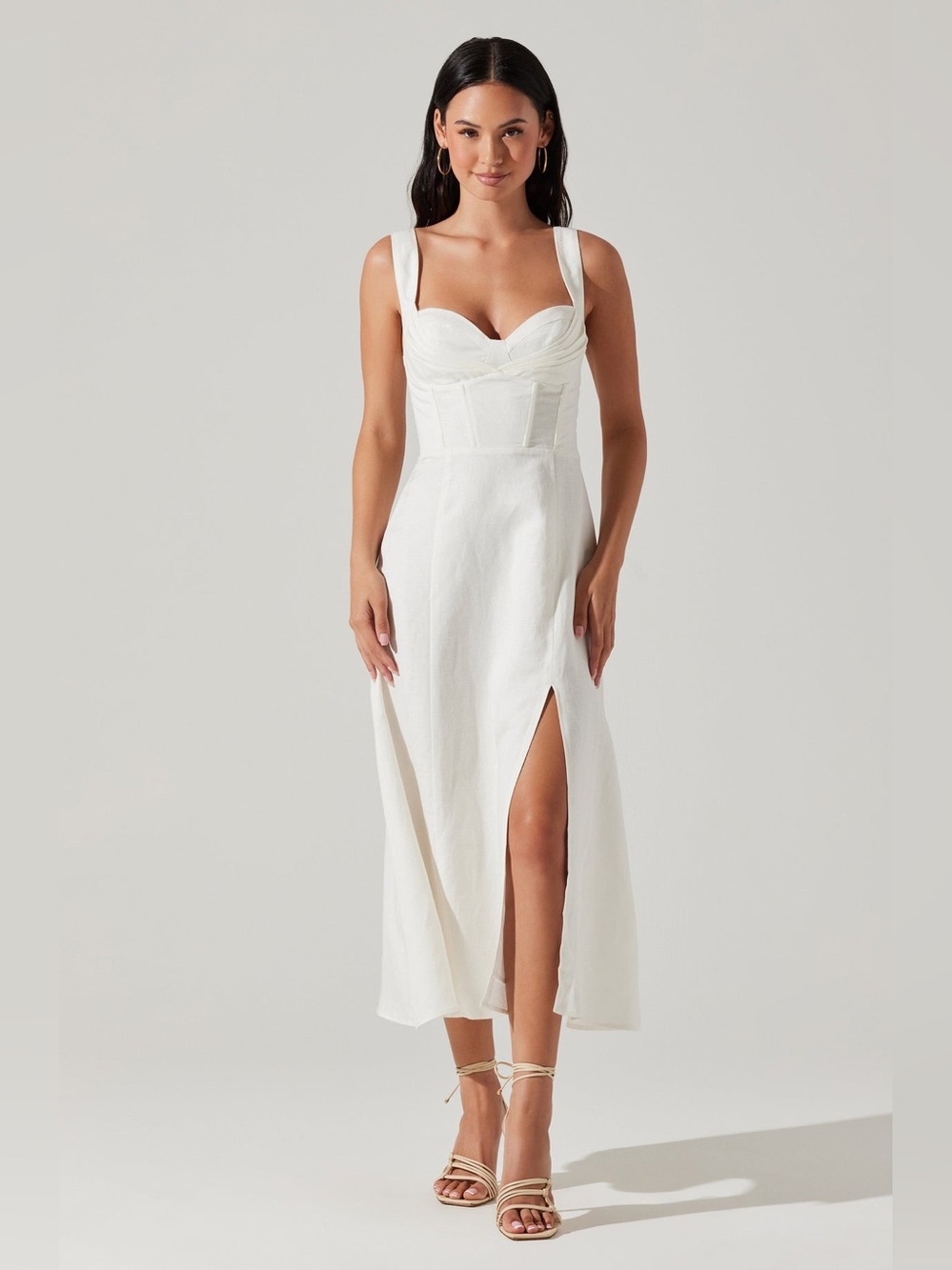 ASTR the Label Estella Corset Midi Dress White Medium Linen Blend Slit Bridal